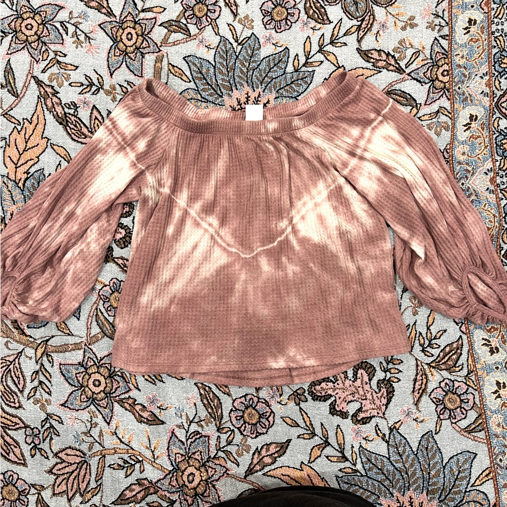 Waffle pink tie dye off the shoulder sweater